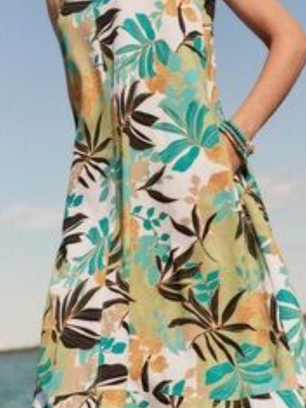 Chico's Tropical Floral Maxi Dress in Teal, Cream and Brown Size 12